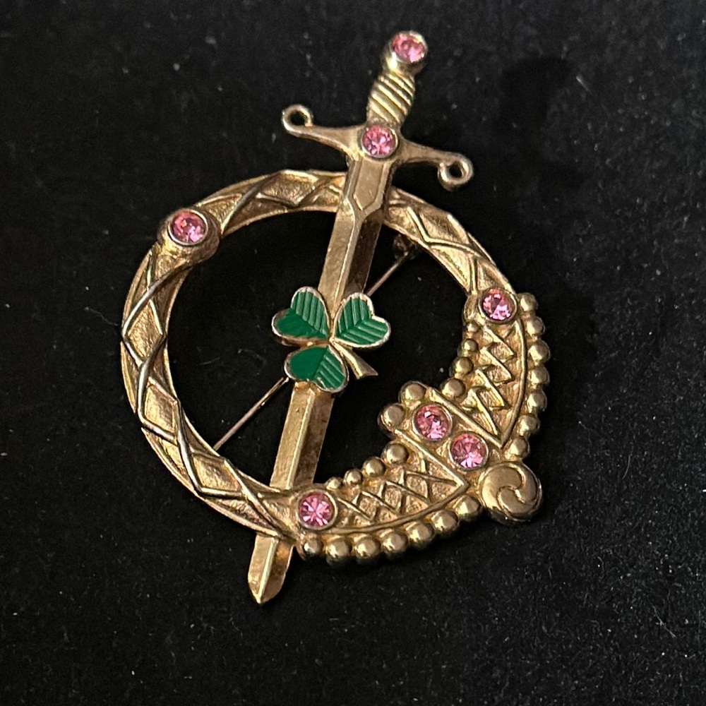 Gold Sword and Shield Brooch with Pink and Green Accents